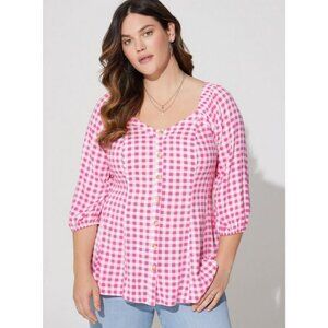 Torrid Womens Gingham Button-Up Blouse 3/4 Sleeve Size 3x